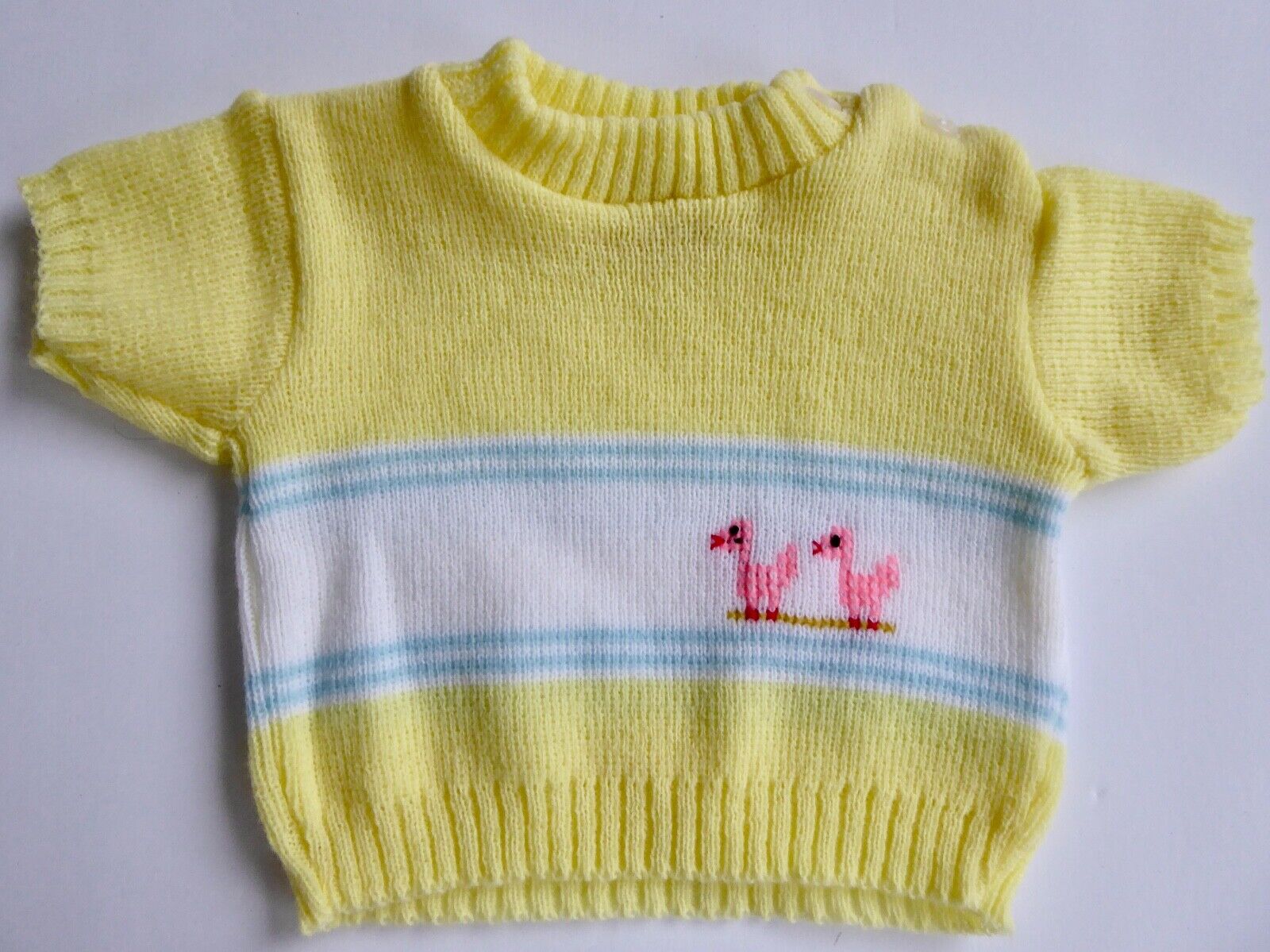 Vtg 1960s Cutler Cuvver Ups Short Sleeve Baby Sweater Yellow, Pink Ducks Doll Nb