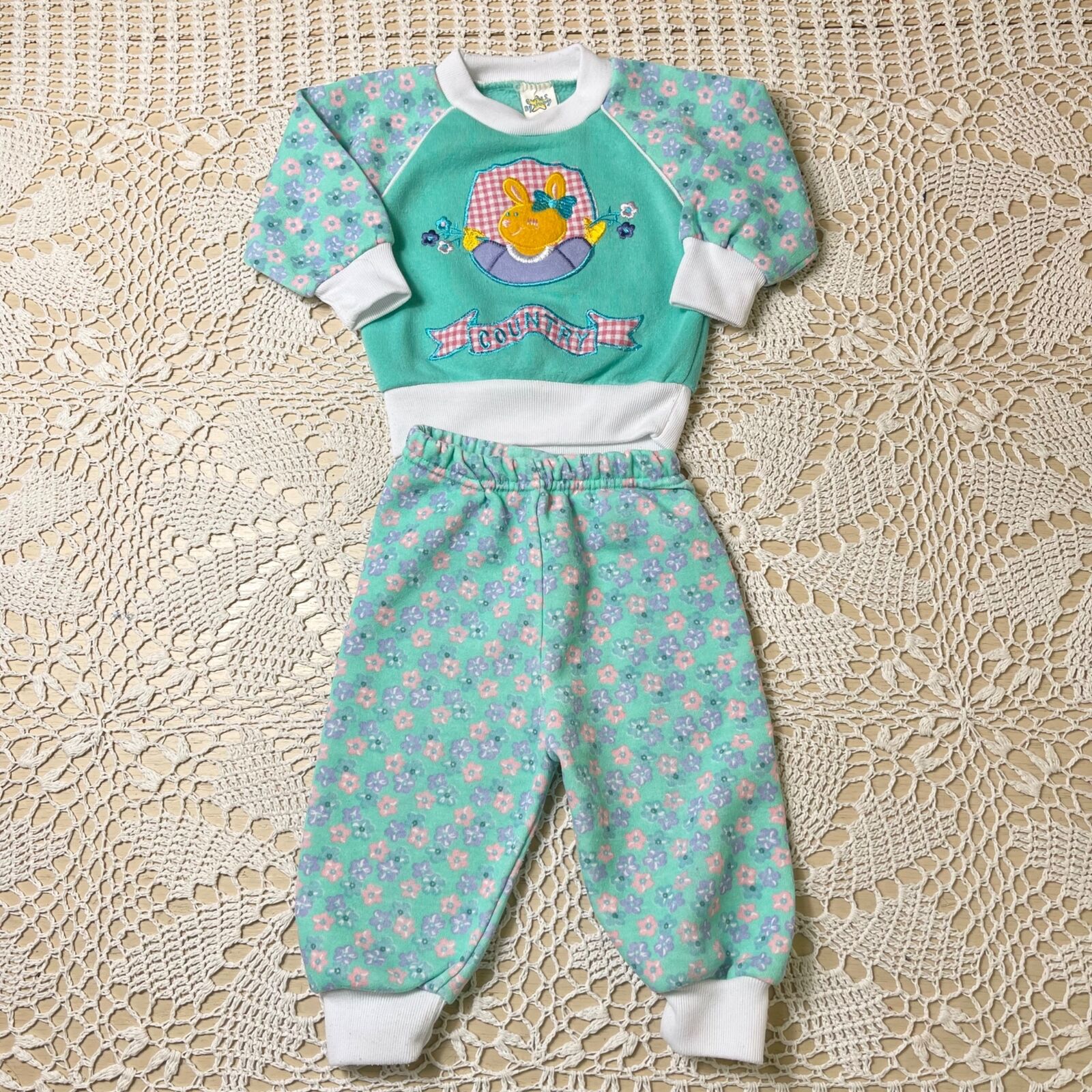 Vintage 1990s Cuties By Judy Baby Girl 12 Months Country Bunny Floral Sweatsuit