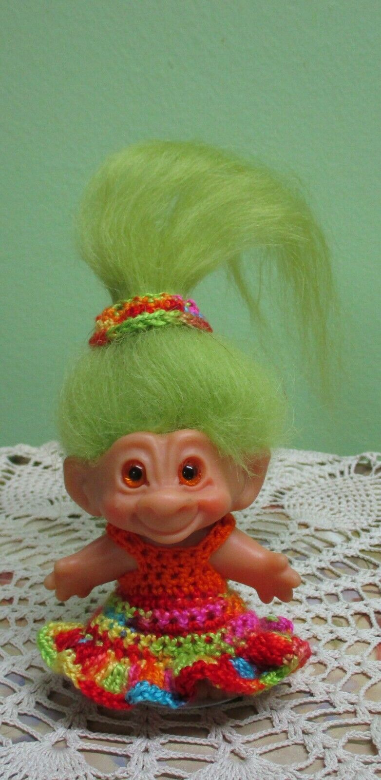 3”scandia Orange Spiral Eye Troll Doll 1960’s Dam Era Original Green Mohair