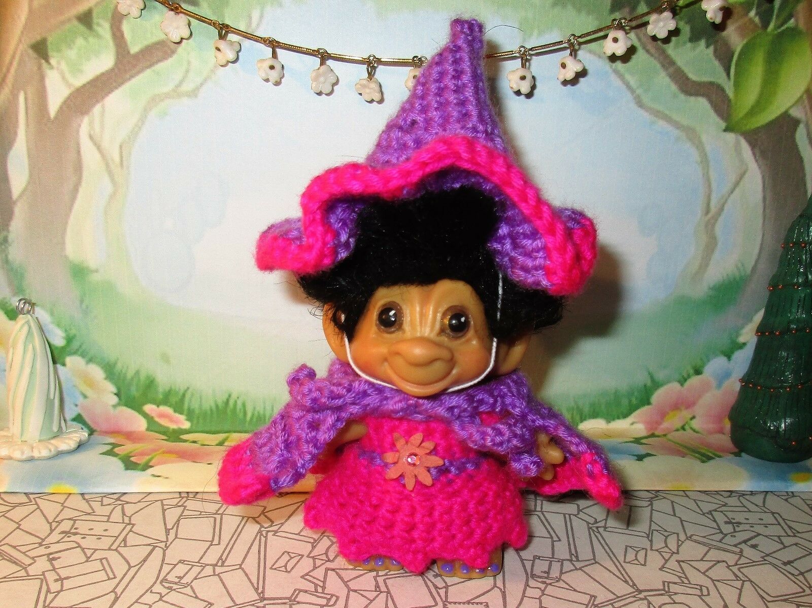 Spring Witch Troll 3 Inch Crochet Dress Hat Cape Panties Tab Dam Doll Pink 60's
