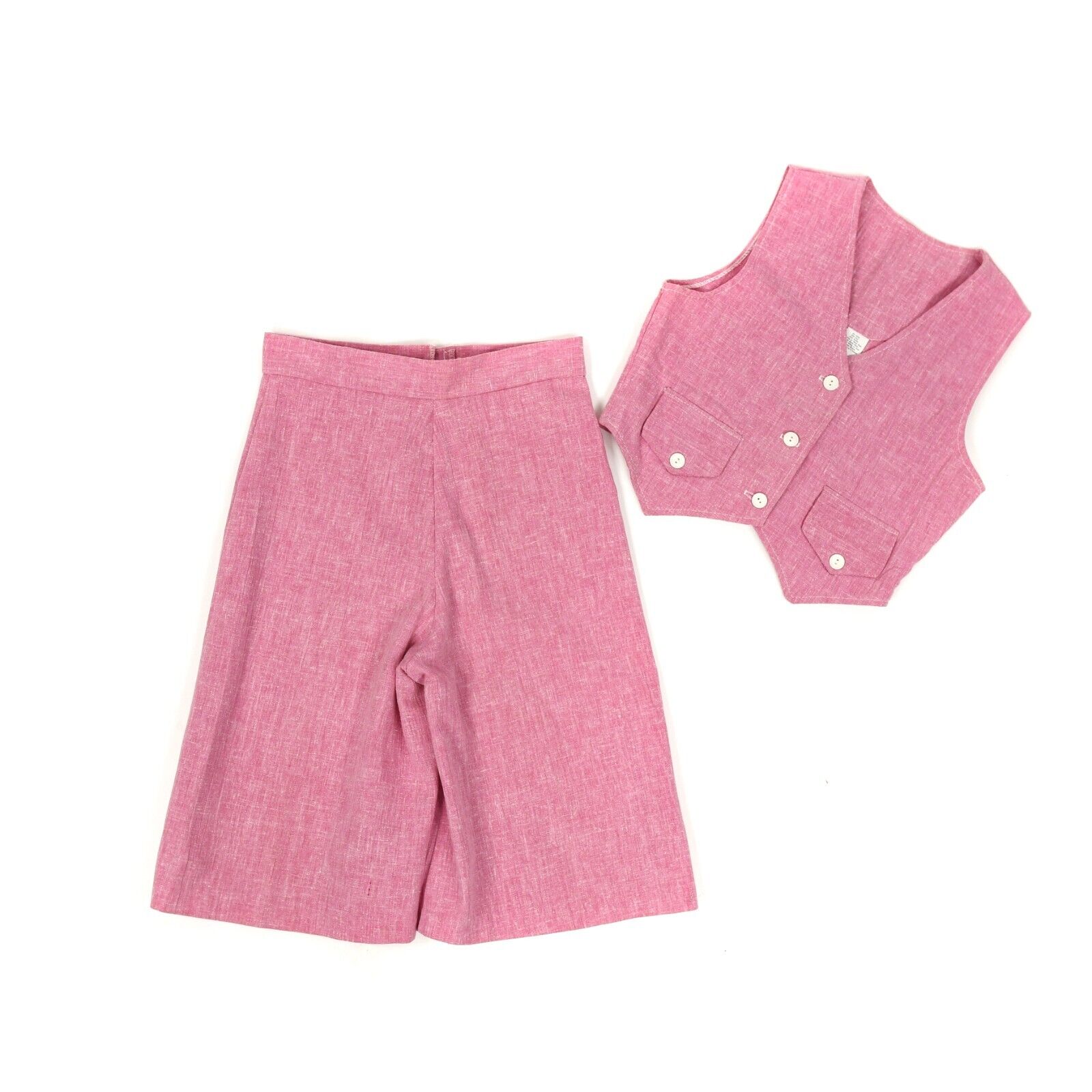 Vintage 70s Rose Pink Cotton Blend Retro Two Piece Wide Shorts + Vest Set 12