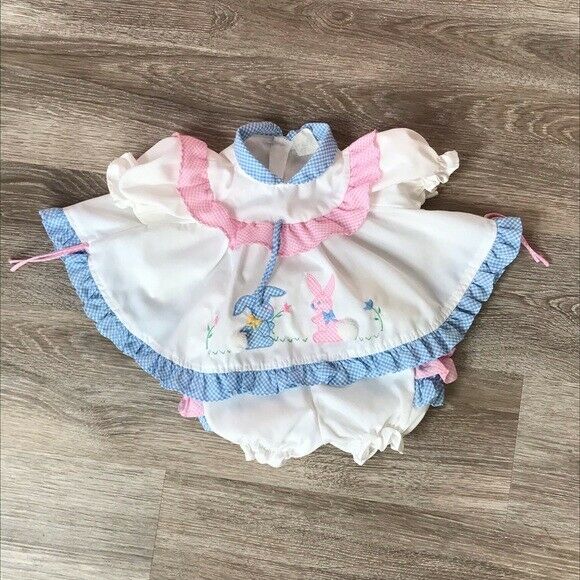 Vintage 80s Girls Baby Togs White Gingham Frilly Ruffle Bunny Set Spring 6-9 Mos