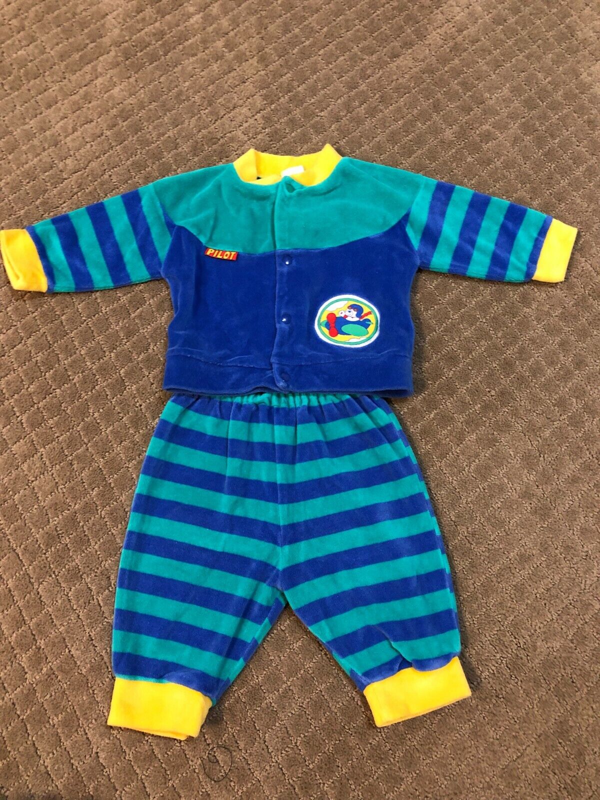 Vintage Baby Boys 2 Pc. Outfit Blue Green Stripes Size 3-6 Months