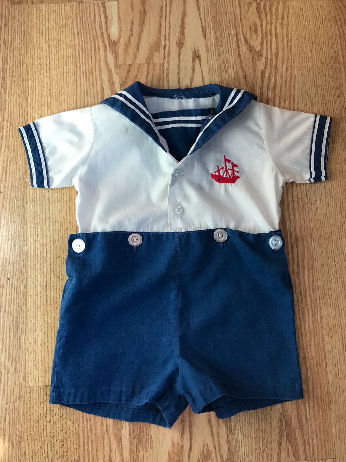 Vtg Toddler Boy 12-18 Mos 2 Piece Sailor Outfit Button Waist Cobalt Blue Pol/cot