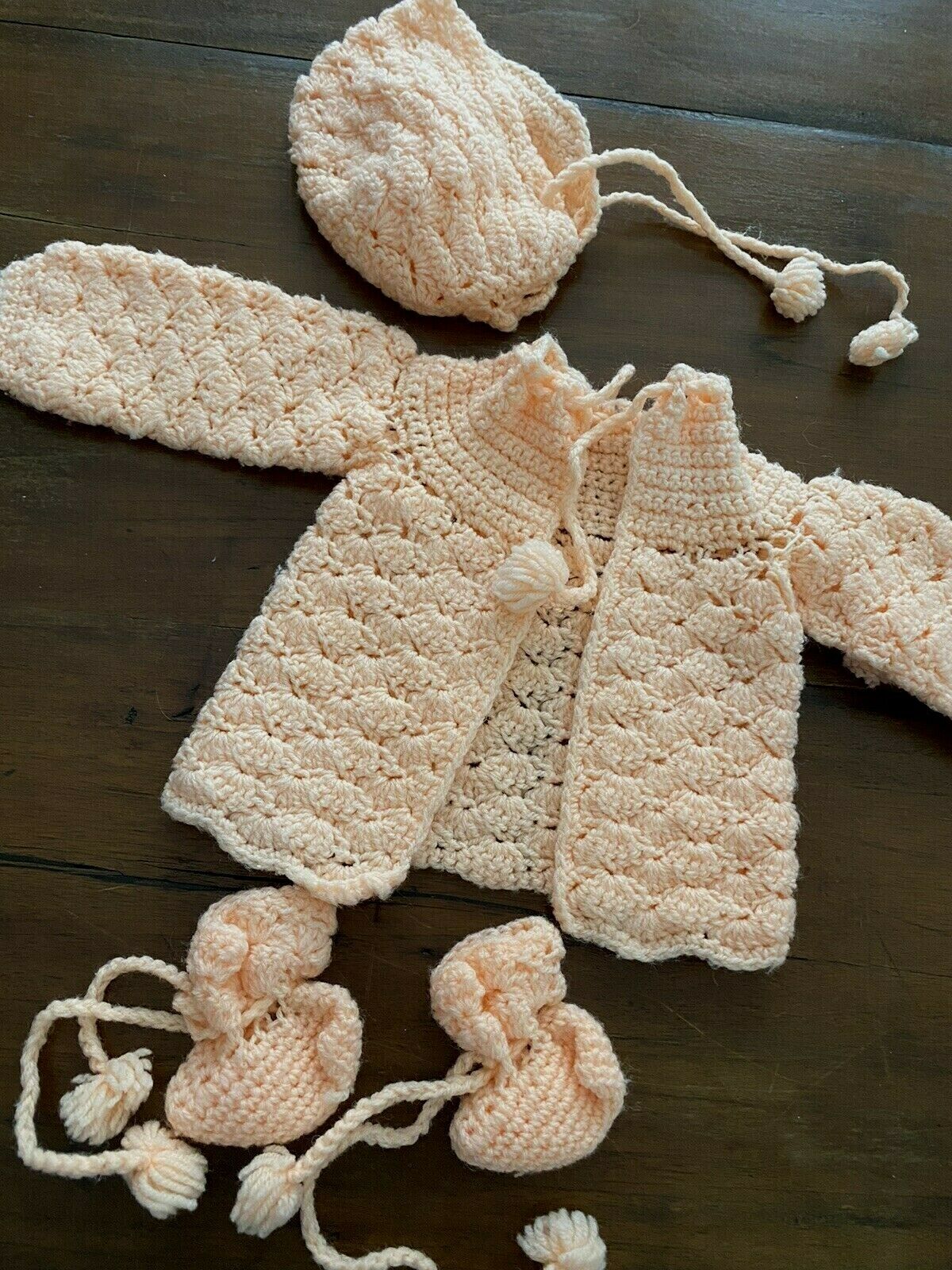 Vintage Baby Jacket Set Hand Crochet Peach Newborn Booties Bonnet (27)