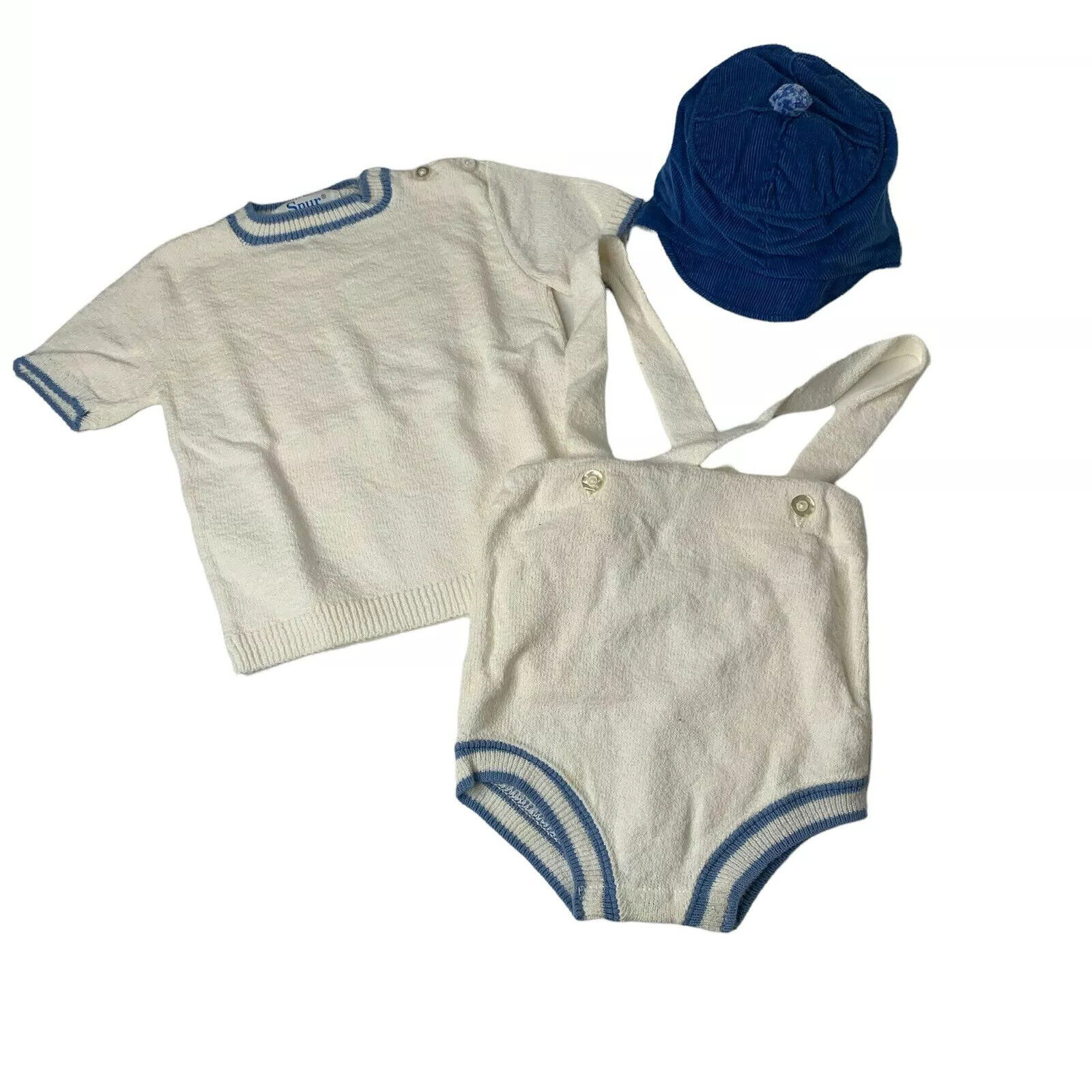 Vtg Boys Knit Romper Jon Jon 12 Month  Baby Outfit Suspenders Spur Boucle Read