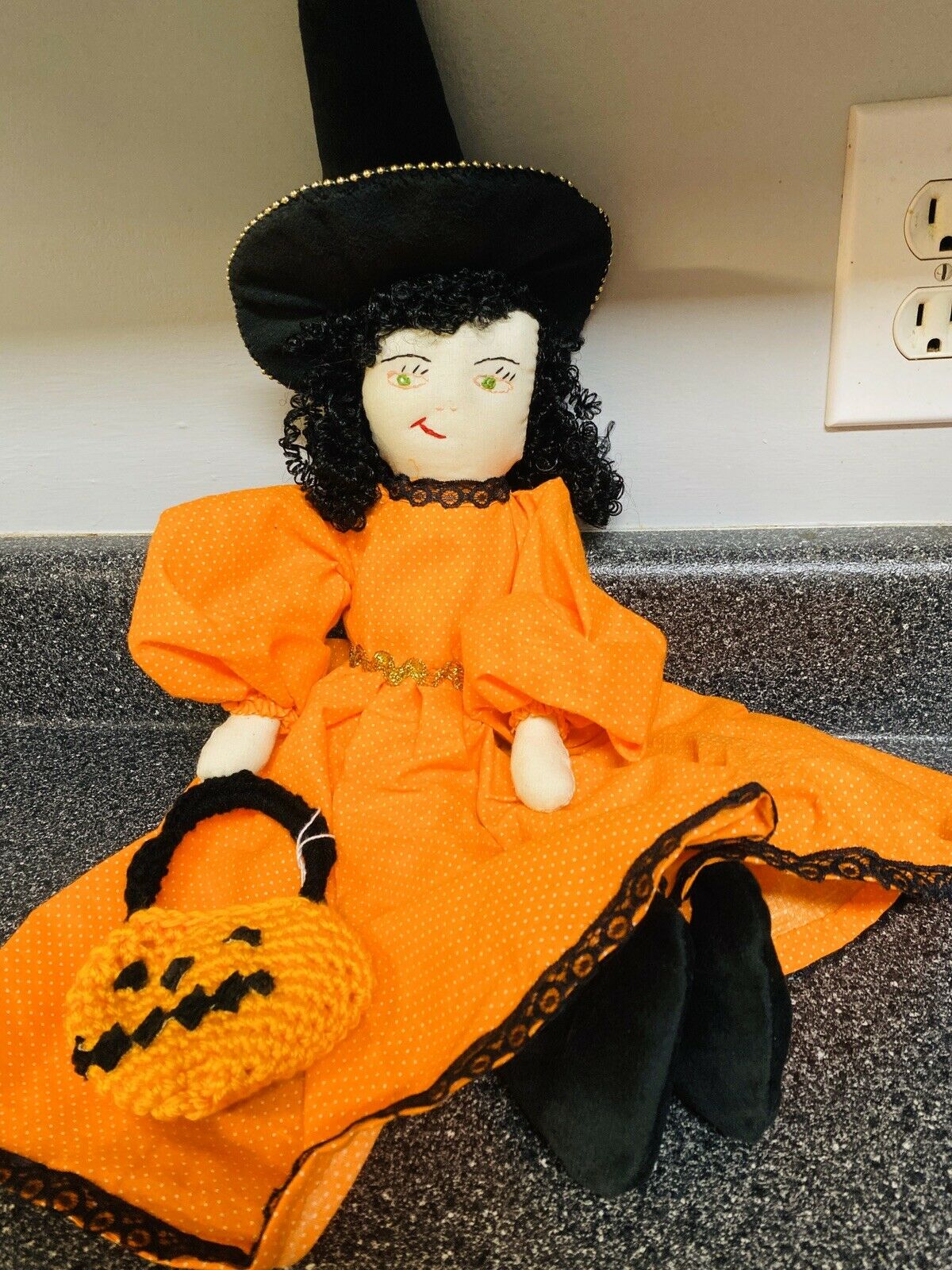 Vintage 70’s Halloween Handcrafted Muslin Embroided Face Witch Doll 23" Tall