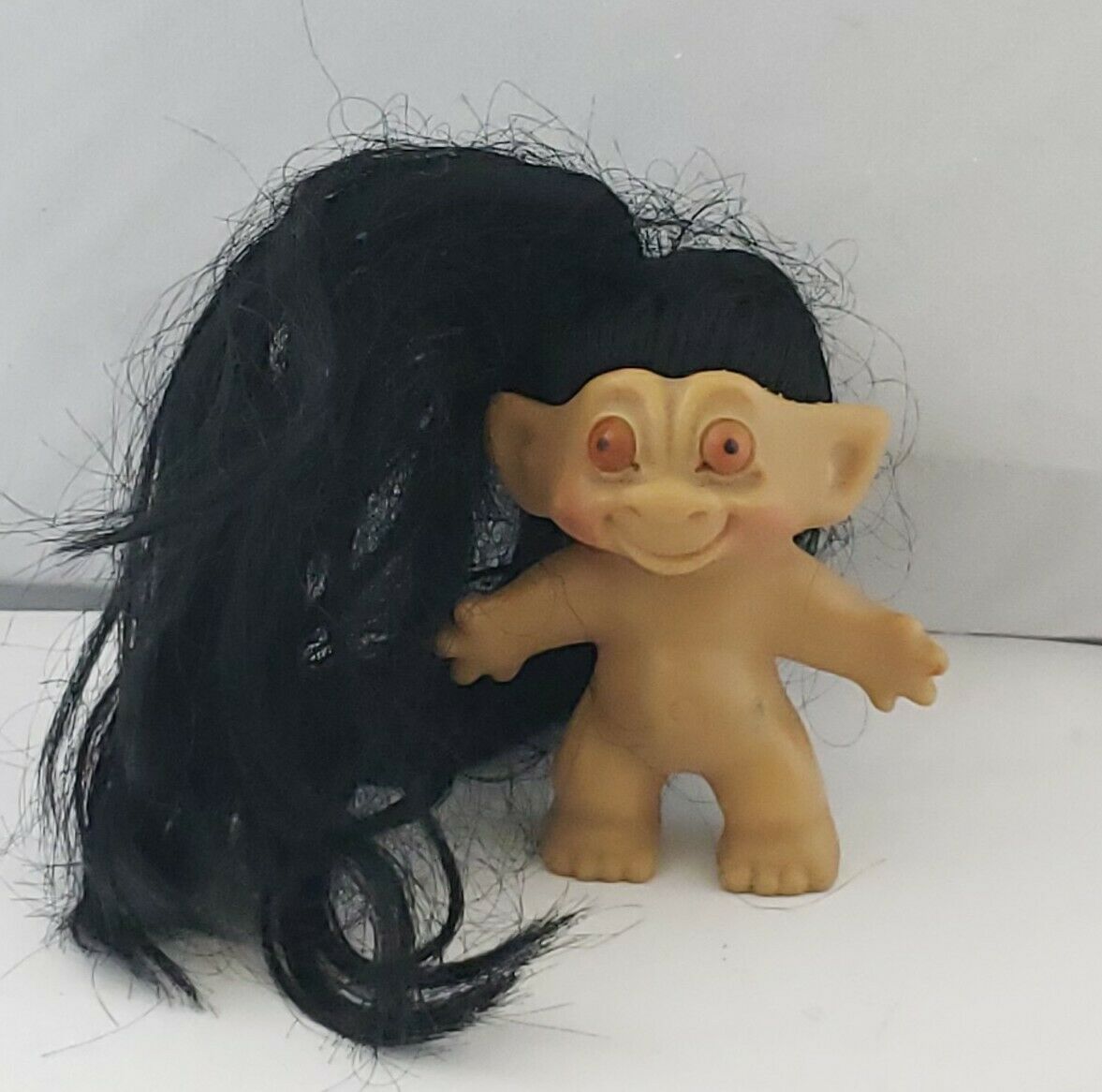 Rare Vintage 3" Rootie - Rooted Hair Tab Neck Troll Doll - Black Hair - 1960's