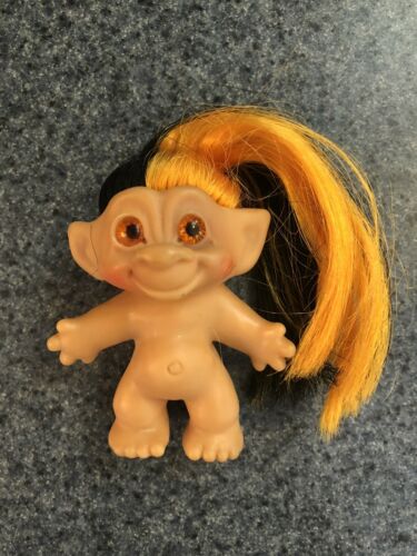 Vintage 1960s Dam Troll Doll Gold & Black Two Tone Hair 2.5” Yellow Multi Color