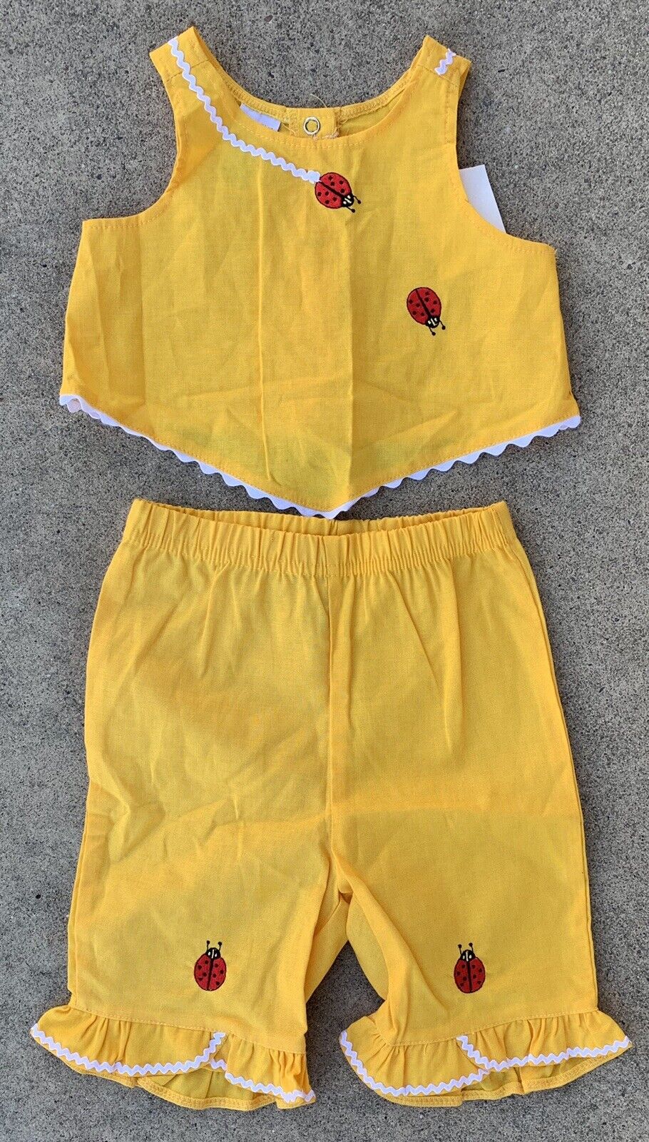 Vintage Cowboys & Angels Two Piece Outfit Yellow Embroidered Lady Bugs Ruffles